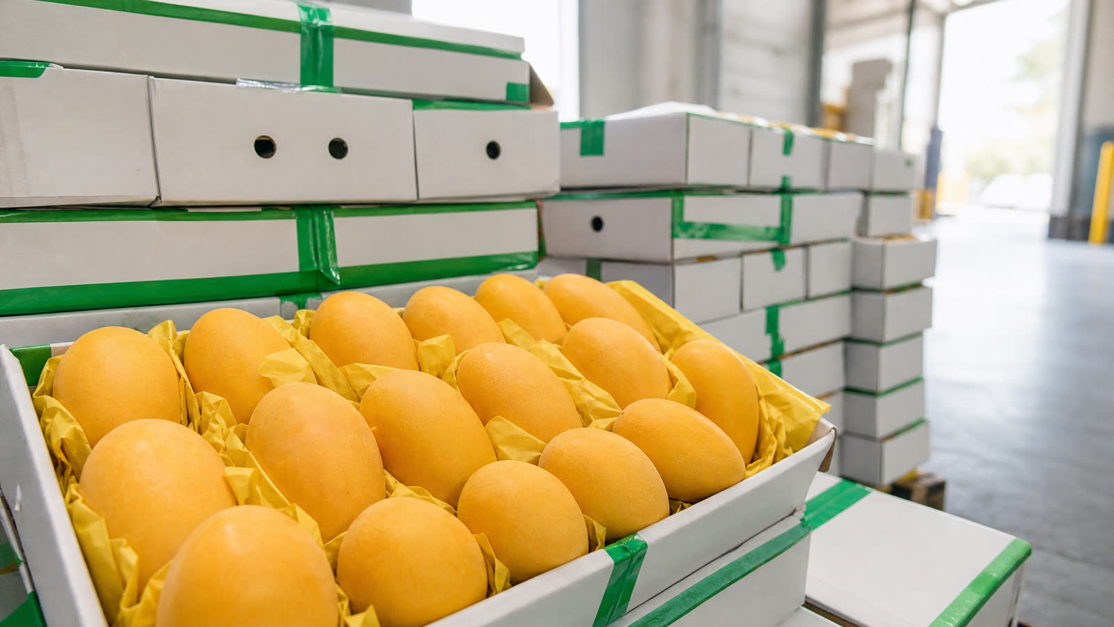 Wholesale crates of mangoes stacked for distribution