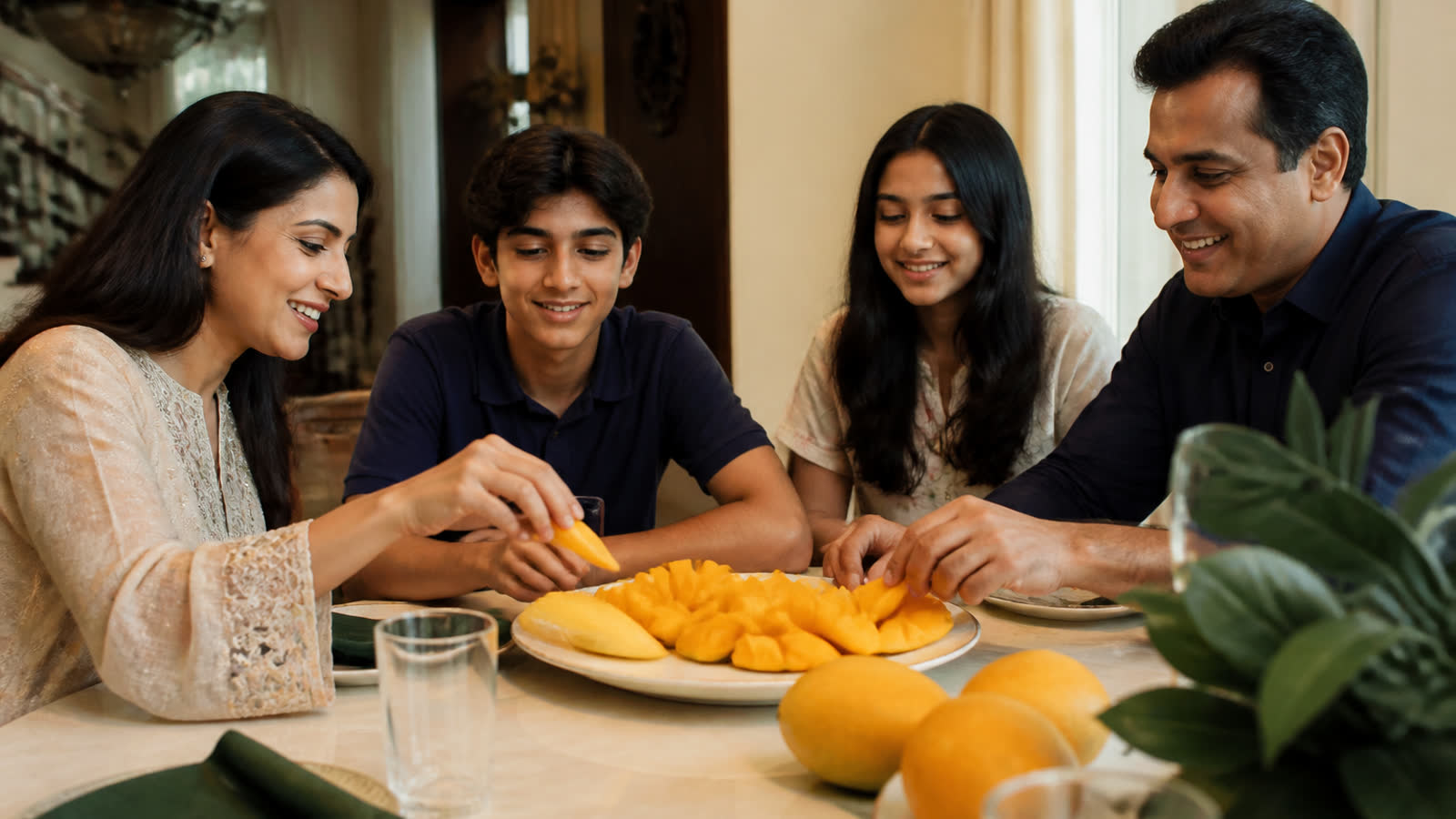 A family sharing sliced mangoes at the table